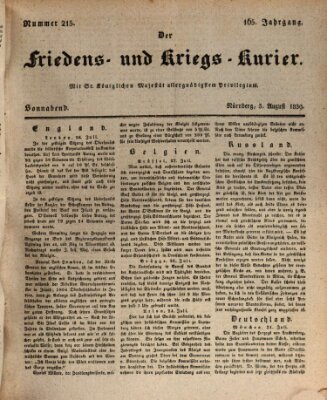 Der Friedens- u. Kriegs-Kurier (Nürnberger Friedens- und Kriegs-Kurier) Samstag 3. August 1839