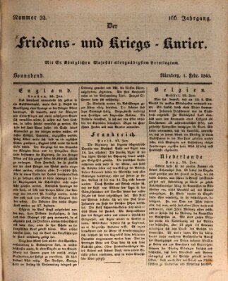 Der Friedens- u. Kriegs-Kurier (Nürnberger Friedens- und Kriegs-Kurier) Samstag 1. Februar 1840