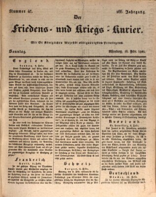 Der Friedens- u. Kriegs-Kurier (Nürnberger Friedens- und Kriegs-Kurier) Sonntag 16. Februar 1840