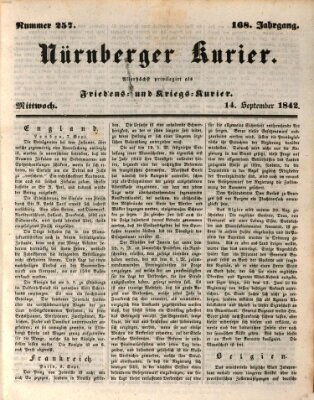 Nürnberger Kurier (Nürnberger Friedens- und Kriegs-Kurier) Mittwoch 14. September 1842