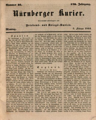 Nürnberger Kurier (Nürnberger Friedens- und Kriegs-Kurier) Montag 5. Februar 1844