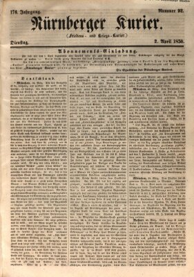 Nürnberger Kurier (Nürnberger Friedens- und Kriegs-Kurier) Dienstag 2. April 1850