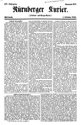 Nürnberger Kurier (Nürnberger Friedens- und Kriegs-Kurier) Mittwoch 1. Oktober 1851