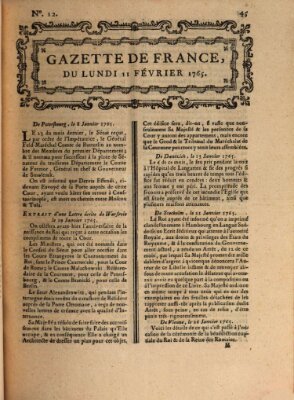Gazette de France Montag 11. Februar 1765