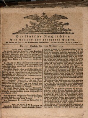 Berlinische Nachrichten von Staats- und gelehrten Sachen Dienstag 16. November 1819