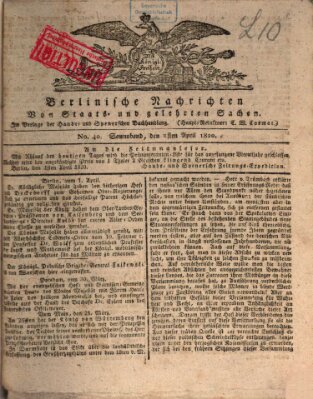 Berlinische Nachrichten von Staats- und gelehrten Sachen Samstag 1. April 1820