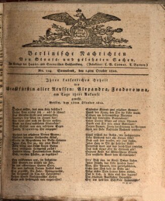 Berlinische Nachrichten von Staats- und gelehrten Sachen Samstag 14. Oktober 1820