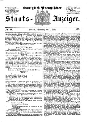 Königlich Preußischer Staats-Anzeiger (Allgemeine preußische Staats-Zeitung) Sonntag 7. März 1852