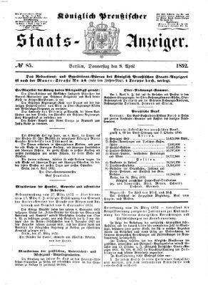 Königlich Preußischer Staats-Anzeiger (Allgemeine preußische Staats-Zeitung) Donnerstag 8. April 1852