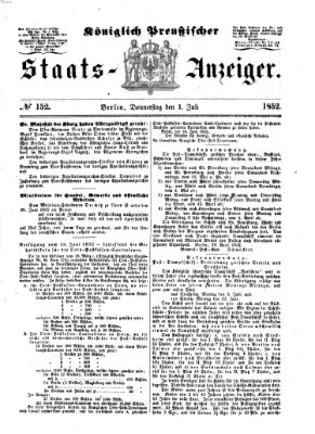 Königlich Preußischer Staats-Anzeiger (Allgemeine preußische Staats-Zeitung) Donnerstag 1. Juli 1852