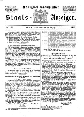 Königlich Preußischer Staats-Anzeiger (Allgemeine preußische Staats-Zeitung) Samstag 14. August 1852