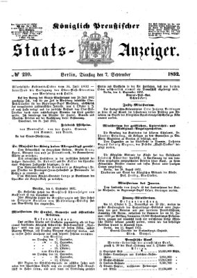 Königlich Preußischer Staats-Anzeiger (Allgemeine preußische Staats-Zeitung) Dienstag 7. September 1852