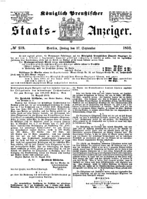Königlich Preußischer Staats-Anzeiger (Allgemeine preußische Staats-Zeitung) Freitag 17. September 1852