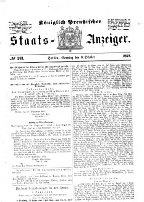 Königlich Preußischer Staats-Anzeiger (Allgemeine preußische Staats-Zeitung) Sonntag 3. Oktober 1852