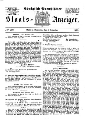 Königlich Preußischer Staats-Anzeiger (Allgemeine preußische Staats-Zeitung) Donnerstag 4. November 1852