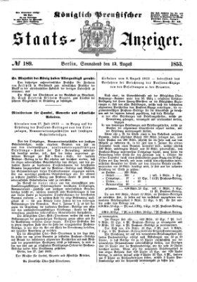 Königlich Preußischer Staats-Anzeiger (Allgemeine preußische Staats-Zeitung) Samstag 13. August 1853