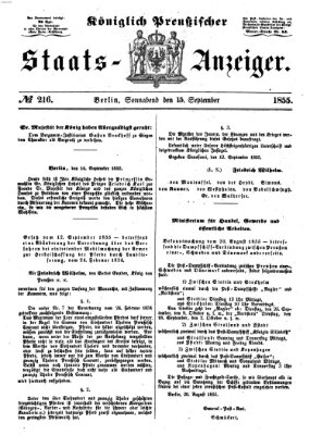 Königlich Preußischer Staats-Anzeiger (Allgemeine preußische Staats-Zeitung) Samstag 15. September 1855