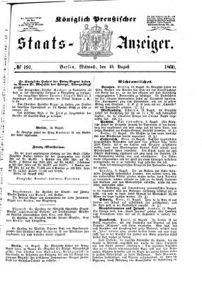 Königlich Preußischer Staats-Anzeiger (Allgemeine preußische Staats-Zeitung) Mittwoch 15. August 1860