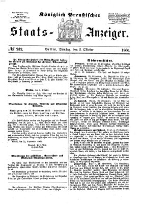 Königlich Preußischer Staats-Anzeiger (Allgemeine preußische Staats-Zeitung) Dienstag 2. Oktober 1860