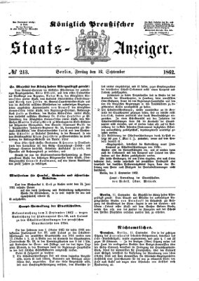 Königlich Preußischer Staats-Anzeiger (Allgemeine preußische Staats-Zeitung) Freitag 12. September 1862