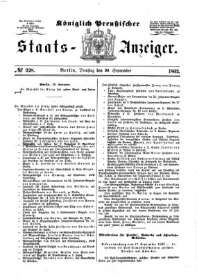 Königlich Preußischer Staats-Anzeiger (Allgemeine preußische Staats-Zeitung) Dienstag 30. September 1862