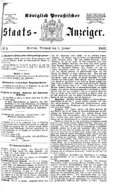 Königlich Preußischer Staats-Anzeiger (Allgemeine preußische Staats-Zeitung) Mittwoch 7. Januar 1863