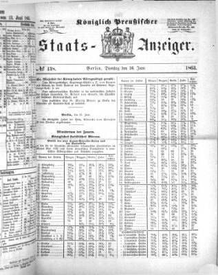 Königlich Preußischer Staats-Anzeiger (Allgemeine preußische Staats-Zeitung) Dienstag 16. Juni 1863