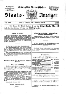 Königlich Preußischer Staats-Anzeiger (Allgemeine preußische Staats-Zeitung) Dienstag 2. Oktober 1866