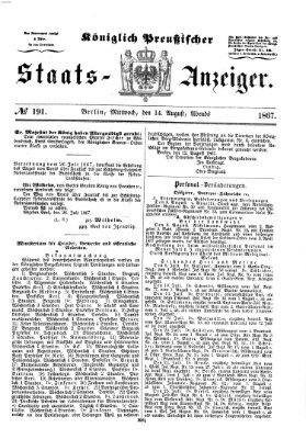 Königlich Preußischer Staats-Anzeiger (Allgemeine preußische Staats-Zeitung) Mittwoch 14. August 1867