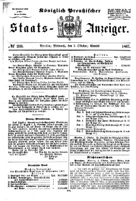 Königlich Preußischer Staats-Anzeiger (Allgemeine preußische Staats-Zeitung) Mittwoch 2. Oktober 1867