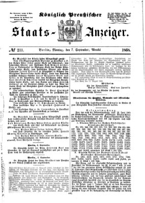 Königlich Preußischer Staats-Anzeiger (Allgemeine preußische Staats-Zeitung) Montag 7. September 1868