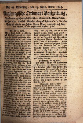 Augsburgische Ordinari Postzeitung von Staats-, gelehrten, historisch- u. ökonomischen Neuigkeiten (Augsburger Postzeitung) Donnerstag 24. April 1794