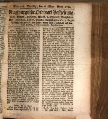 Augsburgische Ordinari Postzeitung von Staats-, gelehrten, historisch- u. ökonomischen Neuigkeiten (Augsburger Postzeitung) Dienstag 6. Mai 1794