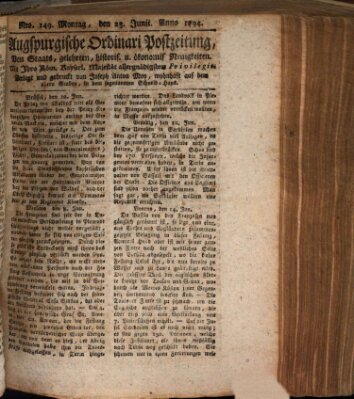 Augsburgische Ordinari Postzeitung von Staats-, gelehrten, historisch- u. ökonomischen Neuigkeiten (Augsburger Postzeitung) Montag 23. Juni 1794