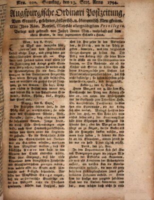 Augsburgische Ordinari Postzeitung von Staats-, gelehrten, historisch- u. ökonomischen Neuigkeiten (Augsburger Postzeitung) Samstag 13. September 1794