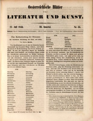 Österreichische Blätter für Literatur und Kunst, Geschichte, Geographie, Statistik und Naturkunde Samstag 27. Juli 1844