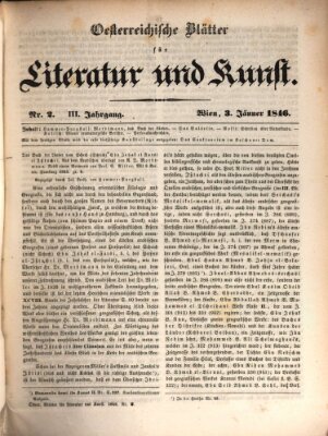 Österreichische Blätter für Literatur und Kunst, Geschichte, Geographie, Statistik und Naturkunde Samstag 3. Januar 1846