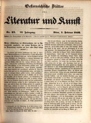 Österreichische Blätter für Literatur und Kunst, Geschichte, Geographie, Statistik und Naturkunde Samstag 7. Februar 1846