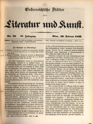 Österreichische Blätter für Literatur und Kunst, Geschichte, Geographie, Statistik und Naturkunde Donnerstag 19. Februar 1846