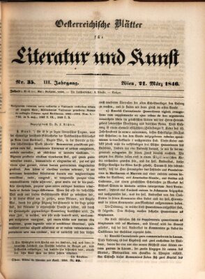 Österreichische Blätter für Literatur und Kunst, Geschichte, Geographie, Statistik und Naturkunde Samstag 21. März 1846