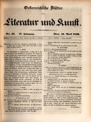 Österreichische Blätter für Literatur und Kunst, Geschichte, Geographie, Statistik und Naturkunde Dienstag 21. April 1846