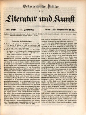 Österreichische Blätter für Literatur und Kunst, Geschichte, Geographie, Statistik und Naturkunde Donnerstag 10. September 1846