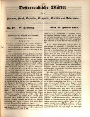 Österreichische Blätter für Literatur und Kunst, Geschichte, Geographie, Statistik und Naturkunde Mittwoch 24. Februar 1847