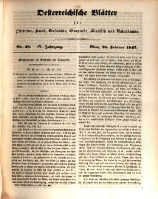 Österreichische Blätter für Literatur und Kunst, Geschichte, Geographie, Statistik und Naturkunde Donnerstag 25. Februar 1847
