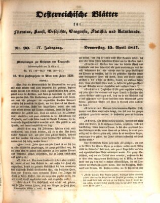 Österreichische Blätter für Literatur und Kunst, Geschichte, Geographie, Statistik und Naturkunde Donnerstag 15. April 1847
