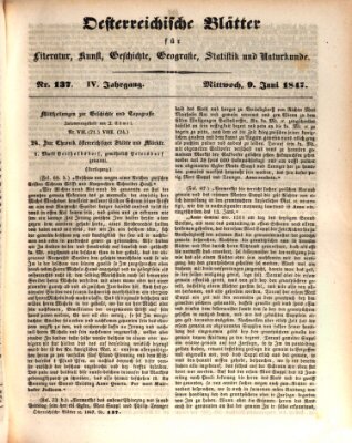 Österreichische Blätter für Literatur und Kunst, Geschichte, Geographie, Statistik und Naturkunde Mittwoch 9. Juni 1847