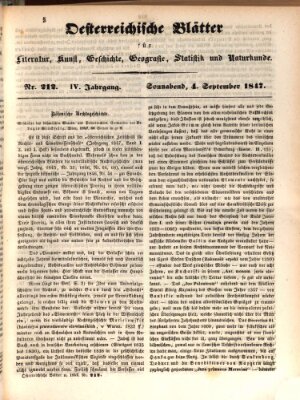 Österreichische Blätter für Literatur und Kunst, Geschichte, Geographie, Statistik und Naturkunde Samstag 4. September 1847