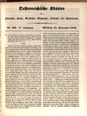 Österreichische Blätter für Literatur und Kunst, Geschichte, Geographie, Statistik und Naturkunde Mittwoch 15. September 1847
