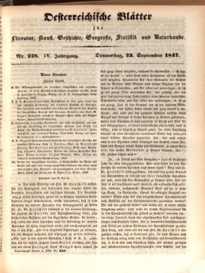 Österreichische Blätter für Literatur und Kunst, Geschichte, Geographie, Statistik und Naturkunde Donnerstag 23. September 1847