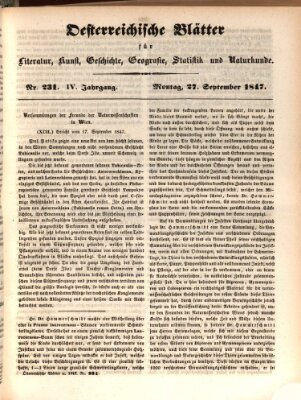 Österreichische Blätter für Literatur und Kunst, Geschichte, Geographie, Statistik und Naturkunde Montag 27. September 1847